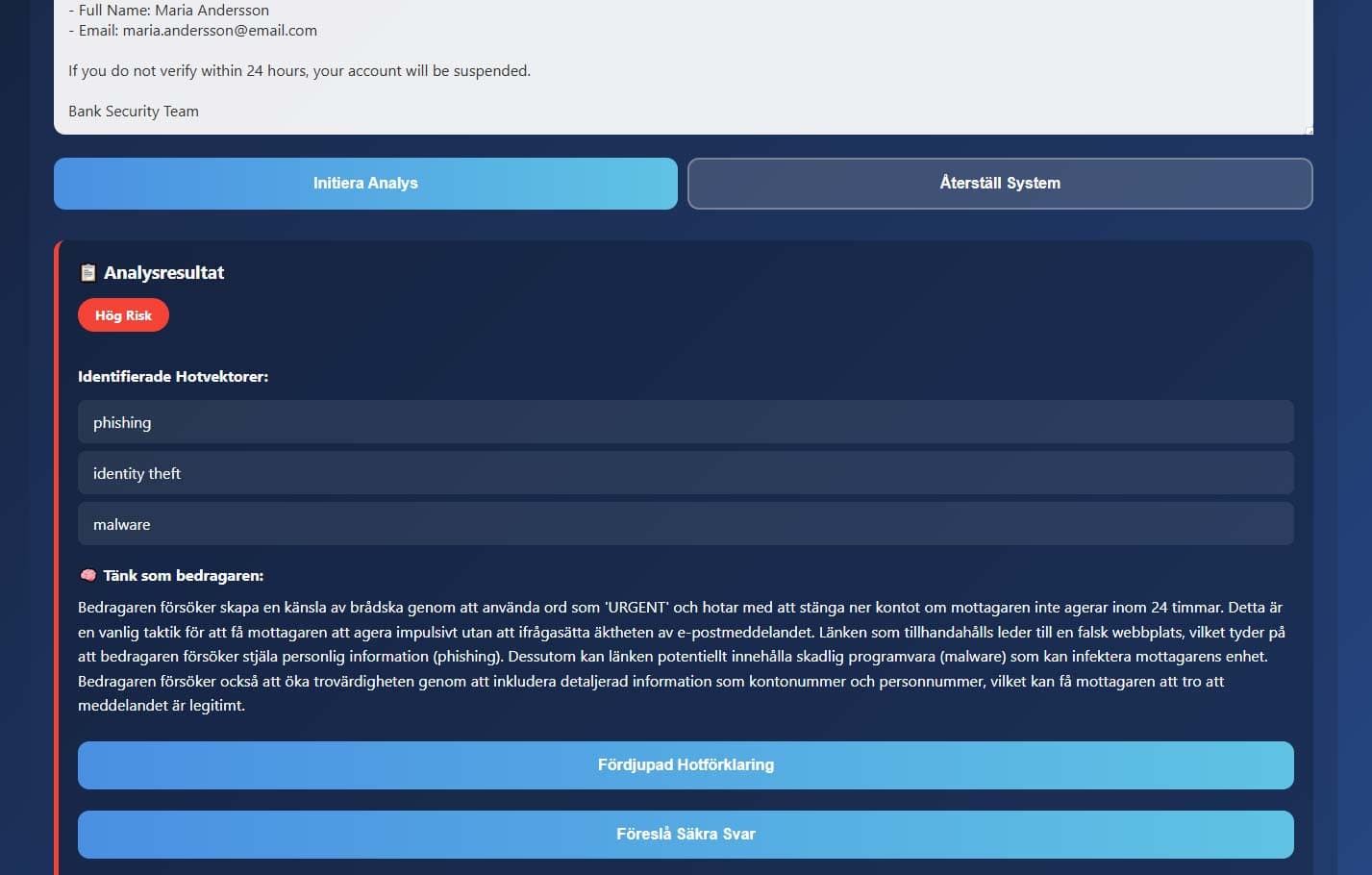 This project combined modern AI capabilities with practical security education, creating a tool that helps users understand and protect themselves from email threats through interactive learning powered by advanced language models.